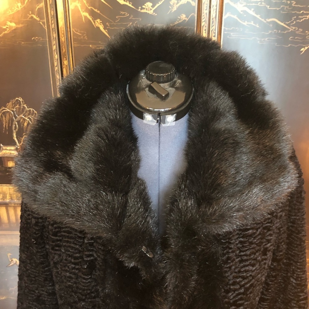 Utex vintage, black, faux lambs wool, floor length, black coat. Size small